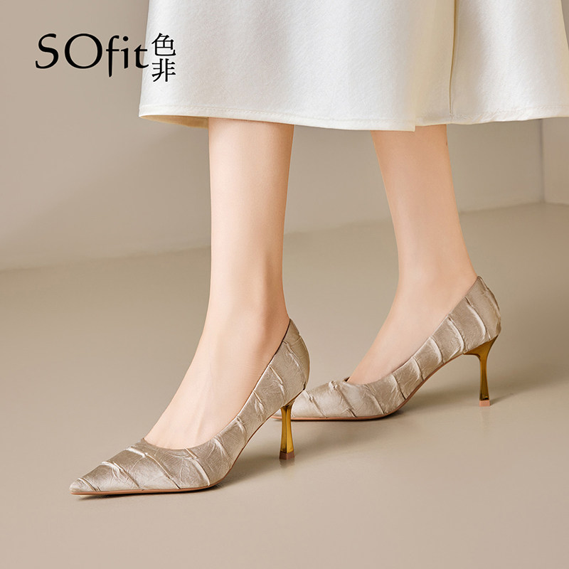 色非2026春季新款法式褶皱高跟鞋女细跟不累脚名媛配裙子绝美单鞋