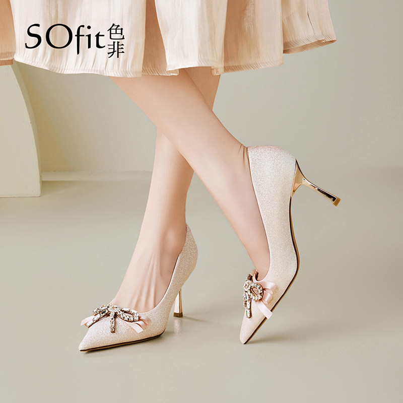 色非水钻高跟鞋2026新款春季尖头细跟不累脚婚鞋气质高级感伴娘鞋