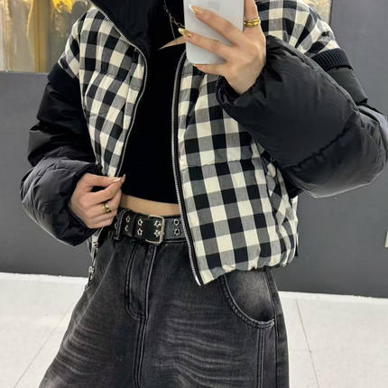 YUYU女装新款时尚洋气黑白格子羽羽外套