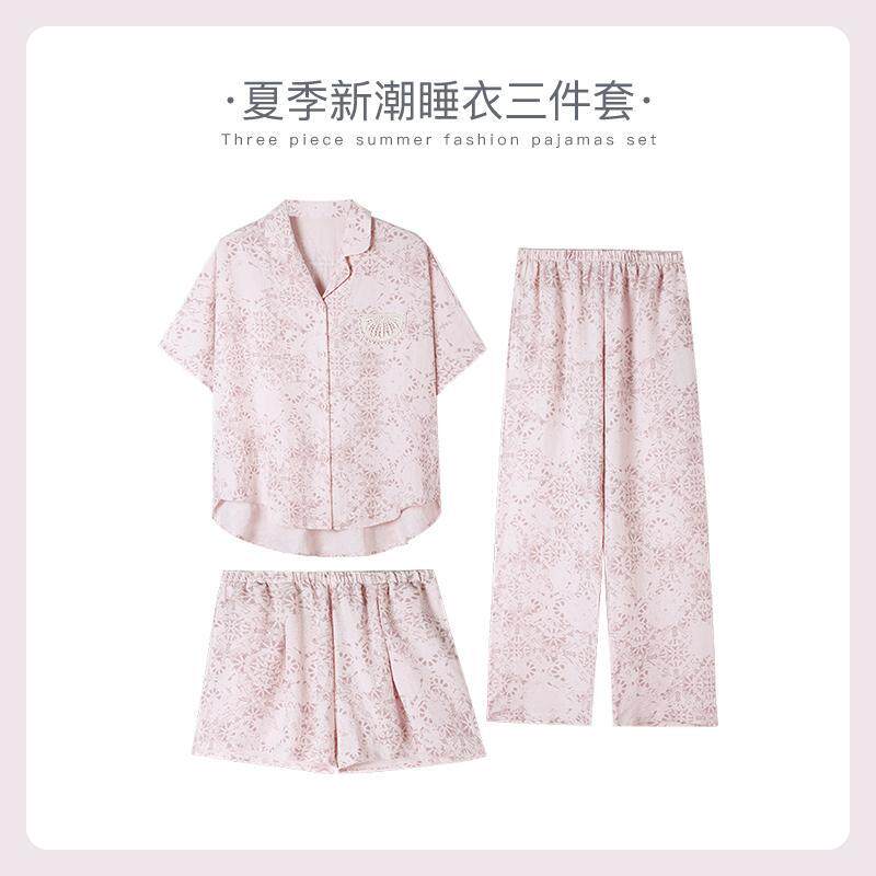 栗茵小众设计师新款泡泡绵女士睡衣夏季短袖可外出家居服三件套