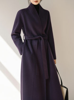 高级感极简无领紫色羊毛呢大衣女2025插肩袖修身显瘦长款毛呢外套