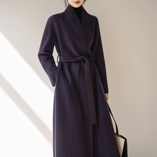 高级感极简无领紫色羊毛呢大衣女2025插肩袖修身显瘦长款毛呢外套