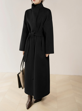 赫本风立领超长款双面呢黑色大衣女高端气质宽松高个子羊毛呢外套