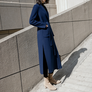 蓝色高端双面呢羊绒大衣女2023新款修身显瘦长款赫本风羊毛呢外套