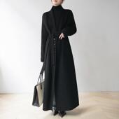 赫本风高端青果领黑色双面呢大衣女冬高个子超长款 直筒羊毛呢外套