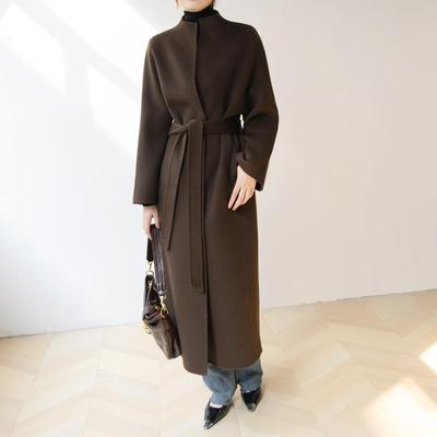 高级感大牌棕色立领双面呢大衣