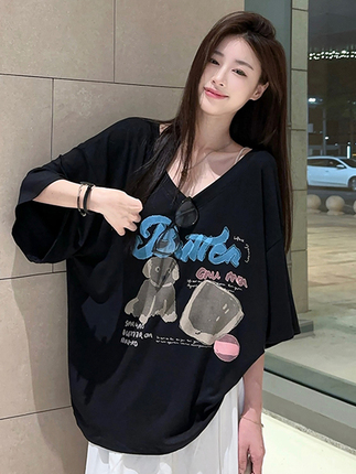 Modal Loose V-Neck Short-Sleeve T-Shirt Women's Pajamas Mid-Length Lazy Style Plus Size Cartoon Print Regular Shoulder ins Top