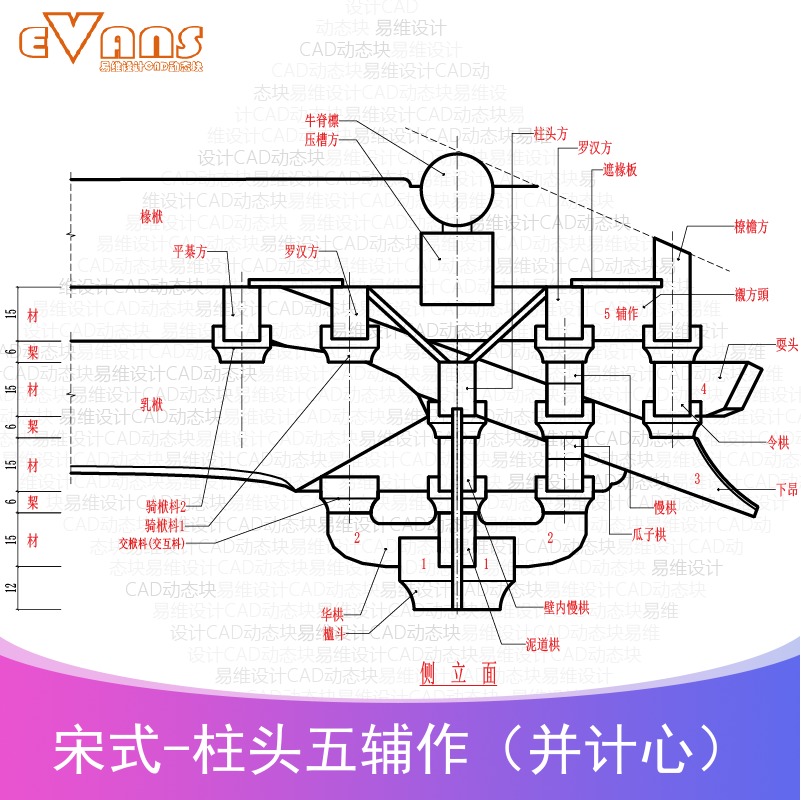 宋式外计心柱头五辅作斗拱及分件尺寸图cad动态块 五踩柱头科斗拱