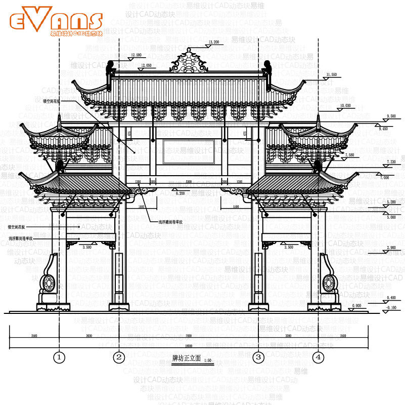 异形石柱木斗拱牌坊建筑图cad电子版 中式传统古建石枋建筑图资料