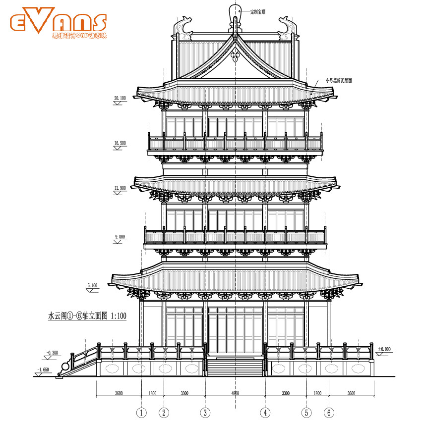 水云阁建筑图cad电子版 三层重檐斗拱歇山顶中式仿古混凝土结构
