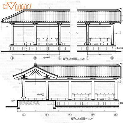 寺庙廊子连廊建筑施工图cad