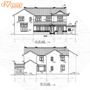 自建房 534平中式 22.5x16.7苏式 江南两层别墅建筑施工图CAD电子版