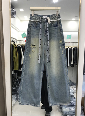 VV7 MOK美式复古直筒牛仔裤女春季水洗破洞牛仔宽松阔腿长裤88779