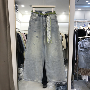 VV7 MOK春夏新款破洞复古水洗宽松直筒牛仔阔腿裤配丝巾腰带6287