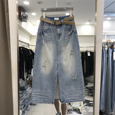 高腰破洞前开叉牛仔半身裙女2026夏新款薄款中长款a字包臀裙1876