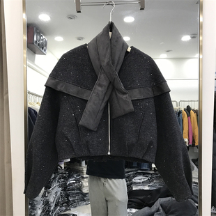 MSSQ毛呢亮片羽绒服女2025冬新款圆领白鸭绒保暖外套配围巾66187