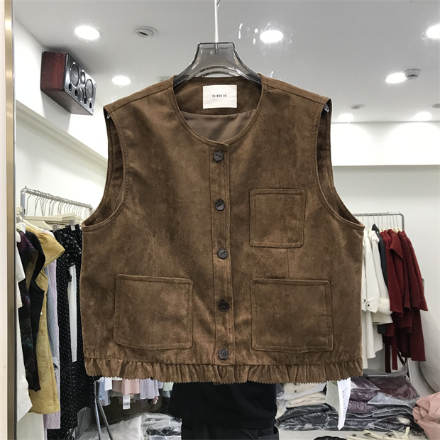 欧洲站麂皮绒圆领宽松显瘦2026秋季新款休闲坎肩外套女马夹32159