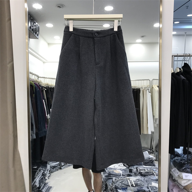 5%羊毛呢八分阔腿裤女秋冬新款小个子宽松直筒裤高腰休闲西装裤子