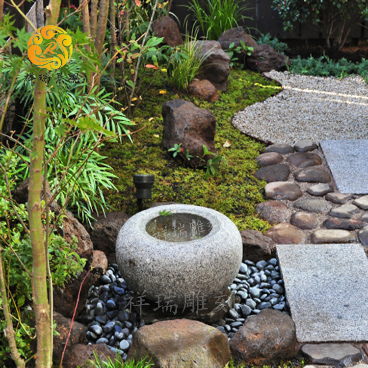 石钵水盆户外园林造景庭院日式石缸流水石槽喷泉水池景观石雕摆件