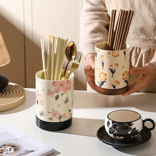 中古风筷子筒台置陶瓷筷子收纳盒家用高档新款厨房筷子防霉沥水筒