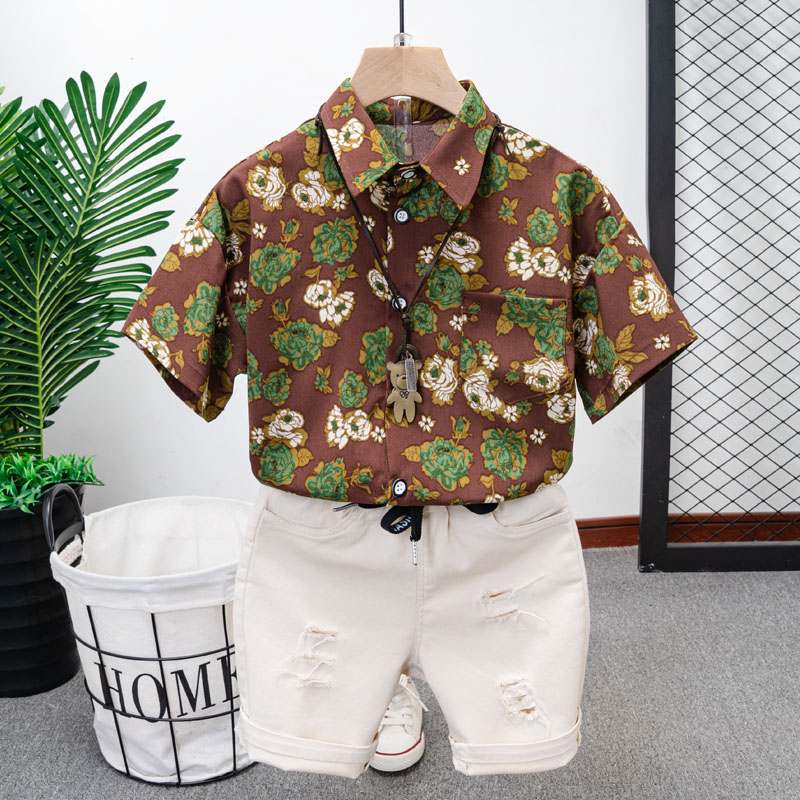 儿童夏季新款花纹衬衫韩版女童男童夏装洋气雪纺不掉色洋气短袖潮