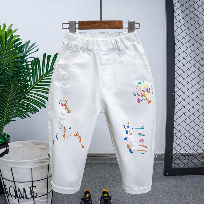 儿童春秋季白色裤子韩版男宝宝个性油漆破洞休闲裤男女童弹力长裤