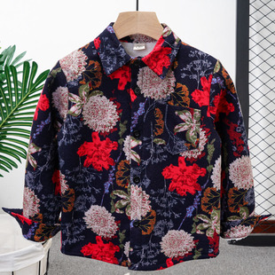 男童秋冬季加绒衬衫韩版儿童洋气花纹加厚保暖衬衣中大童洋气上衣