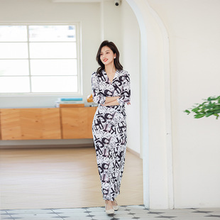 通勤连衣裙PG 欧美新品 显瘦时尚 修身 DVF摩登字母印花裹身裙 女装