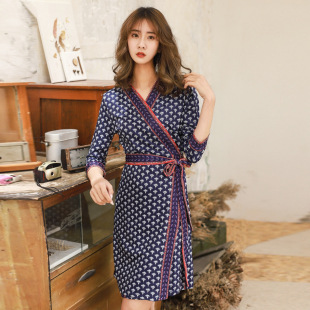 DVF2025夏季 欧美新品 系带连衣裙女PG 七分袖 蓝色小雏菊印花短款