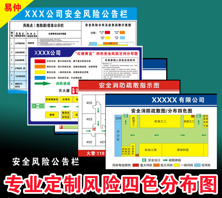 安全风险警示四色分布图应急消防场所疏散组织架构分级管控公告栏