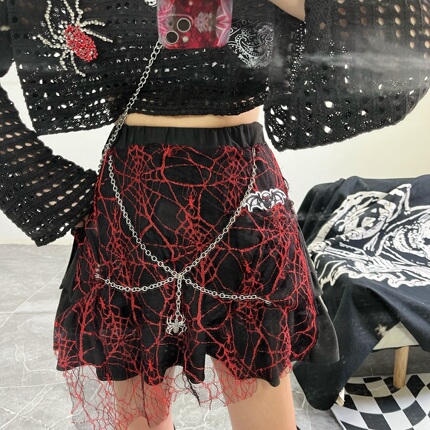 (New) Original Dark Versatile Hot Girl Millennial Spider Web Chain Punk European and American Style Half Skirt for Women