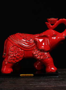 红色陶瓷招财吸水象一对桌面装饰