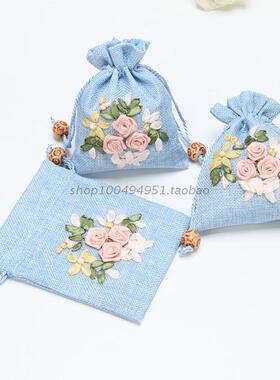 蓝色麻布袋首饰袋小香包手工绣花