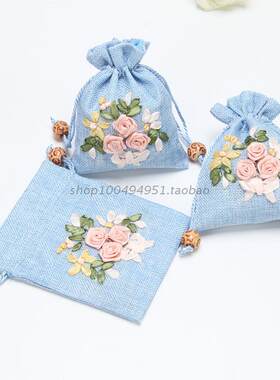 蓝色麻布袋首饰袋小香包手工绣花