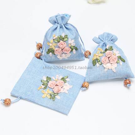 手工绣花小布袋首饰袋抽绳木珠束口袋干花包香包空小袋子香囊空袋
