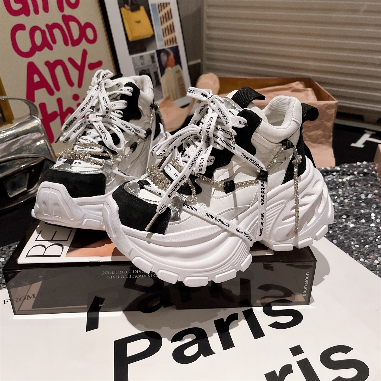 爱米高官方旗舰店真皮水钻绑带蜘蛛侠小个子厚底松糕超高跟老爹鞋