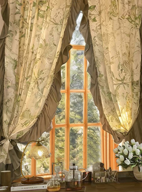 美式复古轻奢法式洛可可田园风半帘厨房卧室飘窗墨绿花边印花窗帘