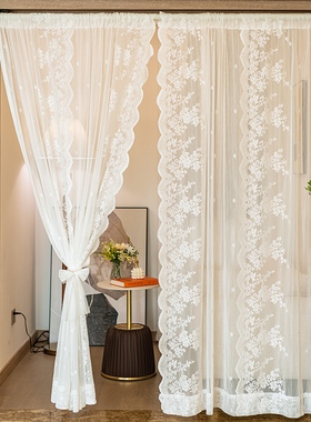 免打孔魔术贴窗帘窗纱帘法式白色蕾丝客厅阳台飘窗门帘隔断穿杆帘