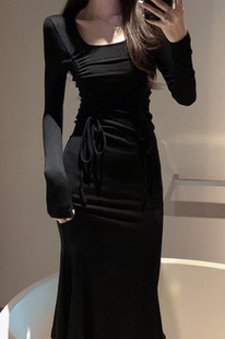 25年新款 大码男士反串变装 黑色长袖显瘦紧身长连衣裙 晚宴 主持