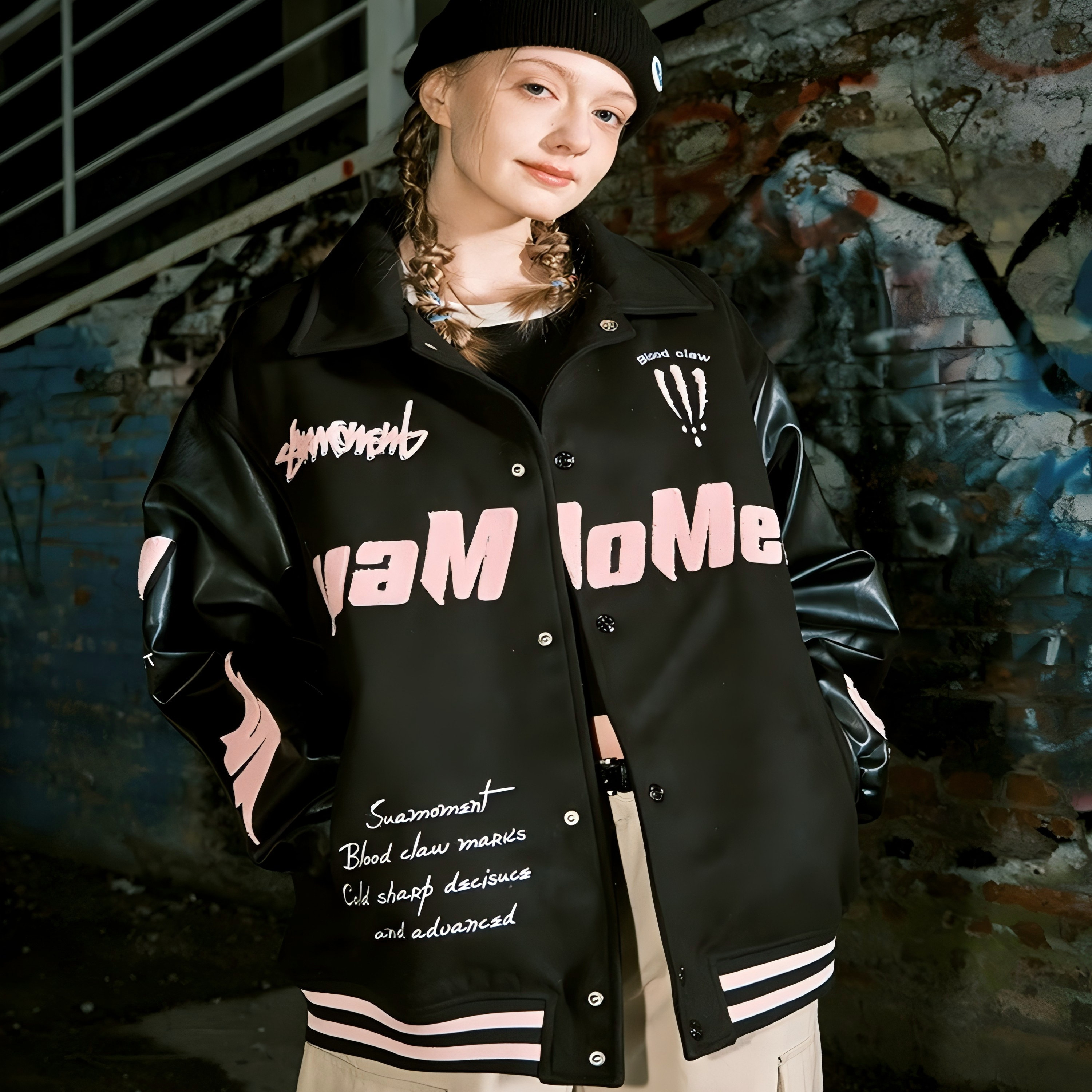 SUAMOMENT字母刺绣毛呢棒球服
