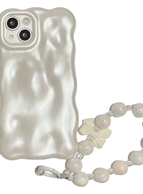 ins小众风简约纯白色适用iPhone13苹果14pro max手机壳女11白色蝴蝶结手链保护套12全包边防摔软壳波浪气泡壳