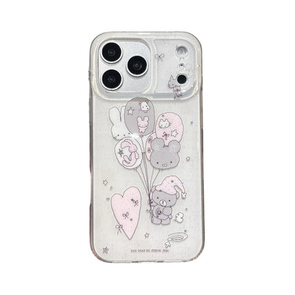 iPhone15pro卡通小熊透明手机壳IMD保护套少女风适用苹果17promax日韩少女心细闪小熊插画16pm可爱简约气球14