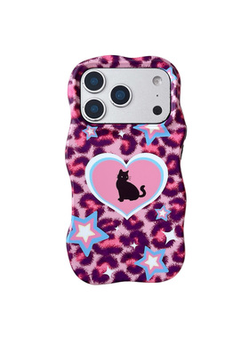 iPhone16promax手机壳女14p爱心猫咪紫色碎花硅胶软保护套适用苹果17pm个性欧美范粉色豹纹爱心黑猫15pro辣妹