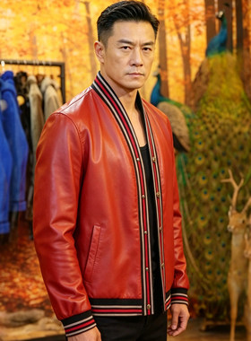 真皮皮衣V领重工设计款撞色浅工厂直销男士皮衬衣风衣