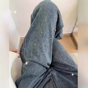 今年流行的爆款裤子女璀璨星河亮闪闪浅蓝色窄版阔腿牛仔裤直筒春
