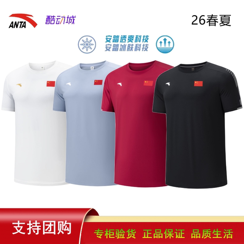 安踏26短袖运动T恤男女透气速干中国队同款国旗LOGO健身452620101