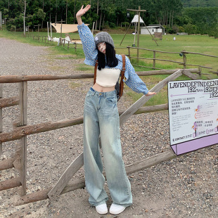 花椰菜studio韩版浅色牛仔裤女宽松高腰显瘦牛仔阔腿拖地直筒潮裤