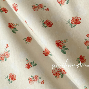 somihandmade红色小玫瑰印花图案纯棉40支碎花手工衬衣娃衣发圈