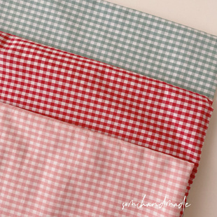 色织全棉3mm小格子红粉绿发圈娃衣衬衣面料40支纯棉布料