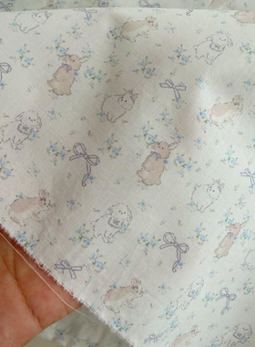 60支纯棉手绘蓝色小花紫色小兔薄棉布diy发圈衬衣春夏连衣裙布